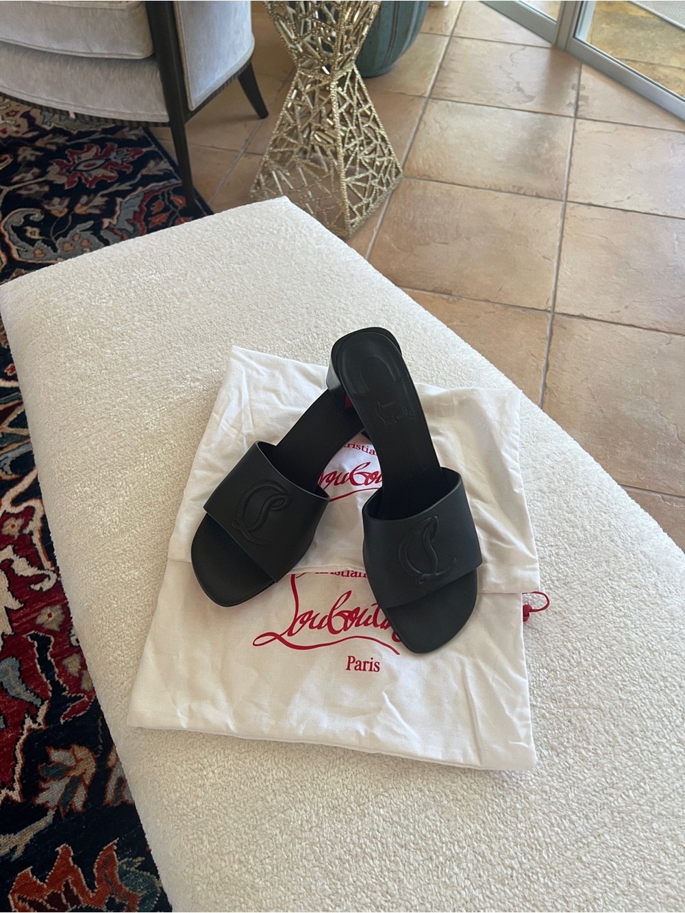 Christian Louboutin Black Leather Slide Mules with Logo - Picture 2 of 5